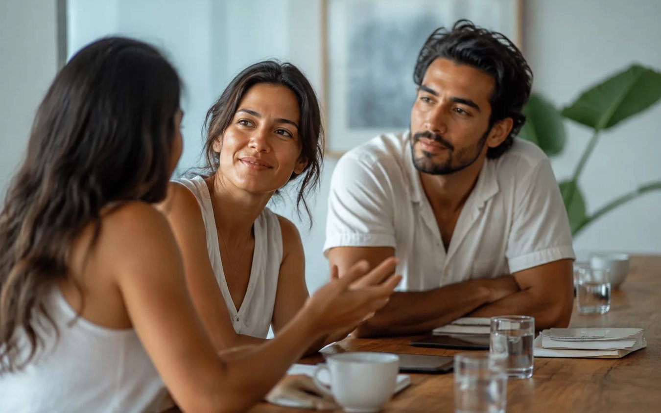 Três participantes conversam ao redor de uma mesa comprida numa sala clara de janelas altas