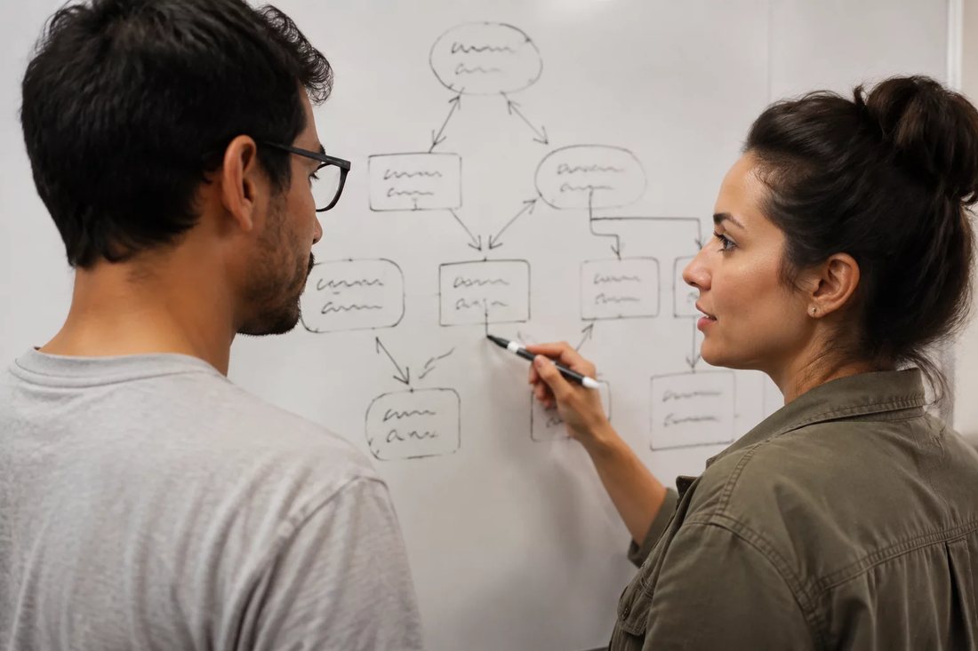 Facilitadora aponta para um mapa de argumento desenhado no quadro branco enquanto um participante acompanha